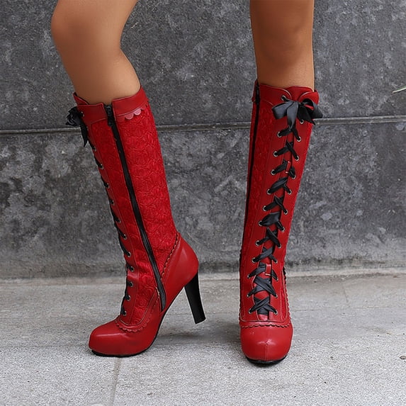 PiGOGI Women's Knee High Boots, Gothic Style Lace Up Boots for Women, High Heel Winter Fashion Boots Red 37