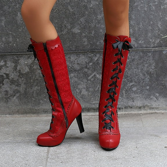PiGOGI Women's Knee High Boots, Gothic Style Lace Up Boots for Women, High Heel Winter Fashion Boots Red 43