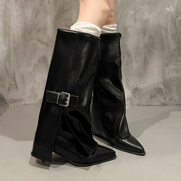 PiGOGI Women's Knee High Boots Pointed Toe High Heel Winter Boots for Women Trouser Style Casual Comfortable Slit Detail Black 40