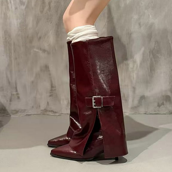 PiGOGI Women's Knee High Boots Pointed Toe High Heel Winter Boots for Women Trouser Style Casual Comfortable Slit Detail Red 38