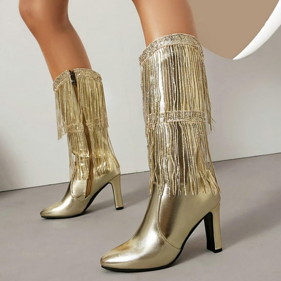 PiGOGI Women's Knee High Boots Side Zipper High Heel Winter Boots for Women Pointed Toe Tassel Detail Casual Comfortable Gold 38