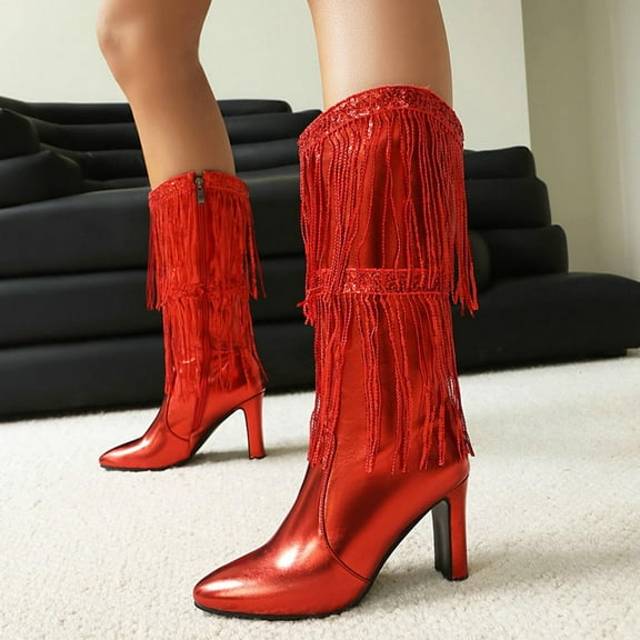 PiGOGI Women's Knee High Boots Side Zipper High Heel Winter Boots for Women Pointed Toe Tassel Detail Casual Comfortable Red 37