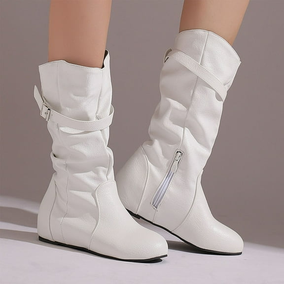 PiGOGI Women's Knee High Boots for Women Round Toe Belt Buckle Hidden Wedge Winter Casual Comfortable Slouchy Boots White 38