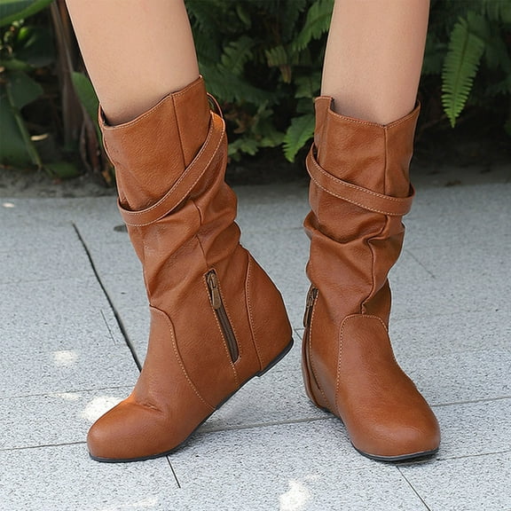 PiGOGI Women's Knee High Boots for Women Round Toe Belt Buckle Hidden Wedge Winter Casual Comfortable Slouchy Boots Yellow 37