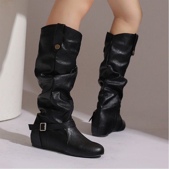 PiGOGI Women's Knee High Boots with Hidden Wedge Heel, Round Toe Belt Buckle Boots for Women, Slouchy Casual Winter Boots Black 43