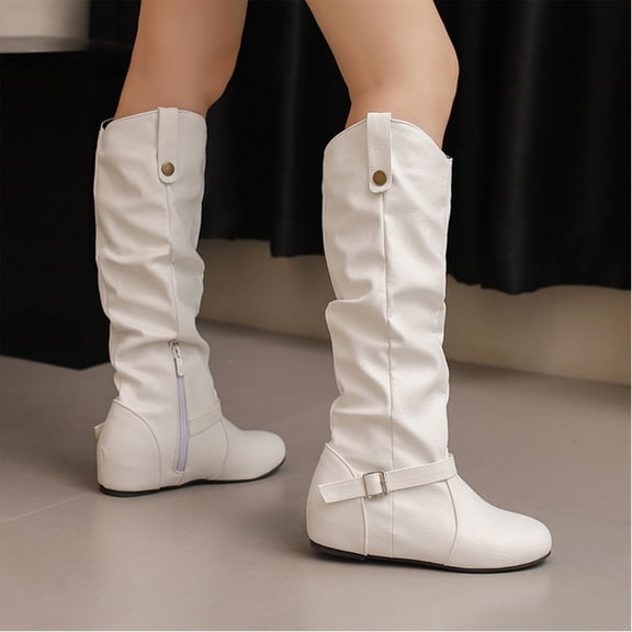PiGOGI Women's Knee High Boots with Hidden Wedge Heel, Round Toe Belt Buckle Boots for Women, Slouchy Casual Winter Boots White 43