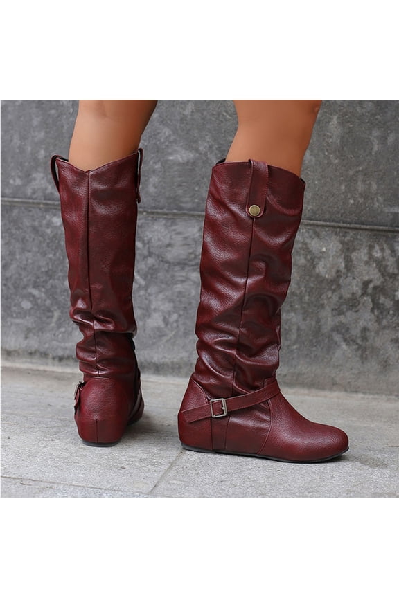 Women's Knee High Boots with Hidden Wedge Heel, Round Toe Belt Buckle Boots for Women, Slouchy Casual Winter Boots Wine 43