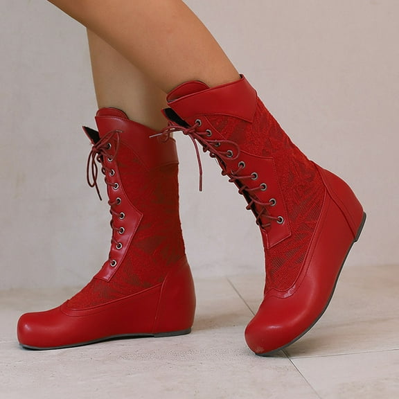 PiGOGI Women's Knee Length Boots Lace Up Front Flat Heel Winter Casual Boots for Women Comfortable Round Toe Stitching Detail Red 43