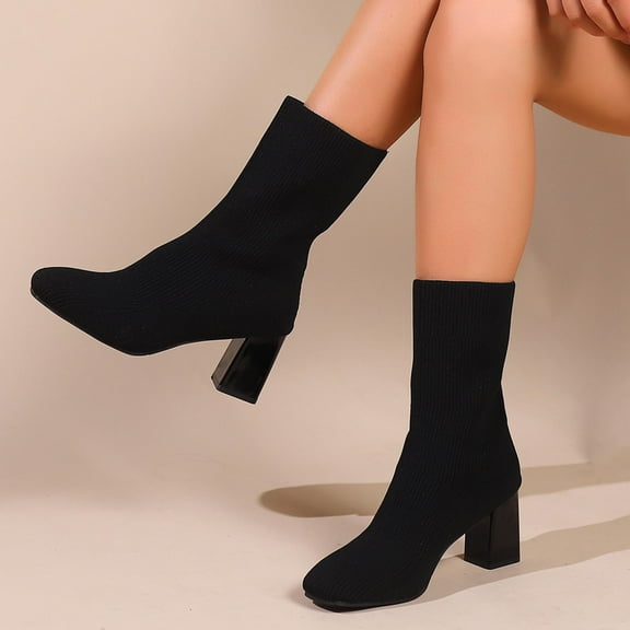 PiGOGI Women's Knit Ankle Socks Boots Round Toe Chunky Heel Winter Boots for Women Mid Calf Casual Comfortable Stretchy Black 40