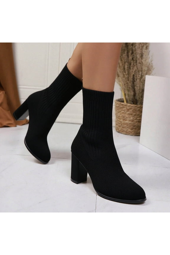 Women's Knit Boots for Women Stretchy Sock Booties Chunky Heel Fall Winter Fashion Boots Pointed Toe Comfort Black 40