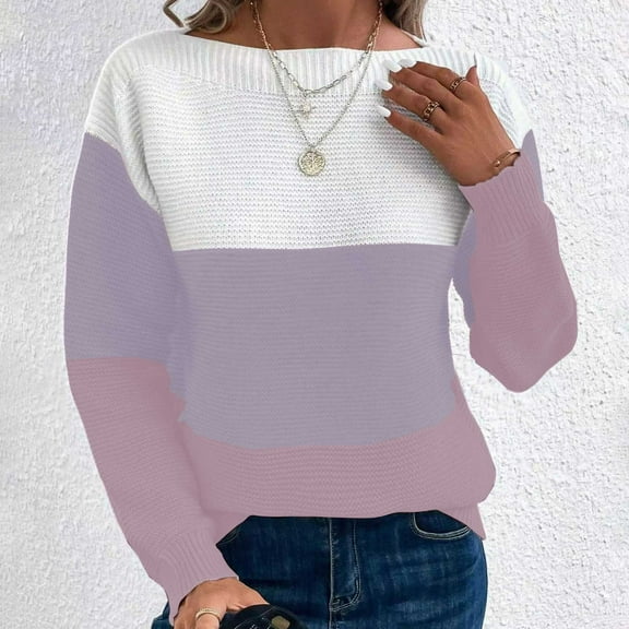 PiGOGI Women's Knitted Color Block Sweater Round Neck Long Sleeve Pullover Top Casual Loose Fit Fall Winter Fashion Blouse Purple M