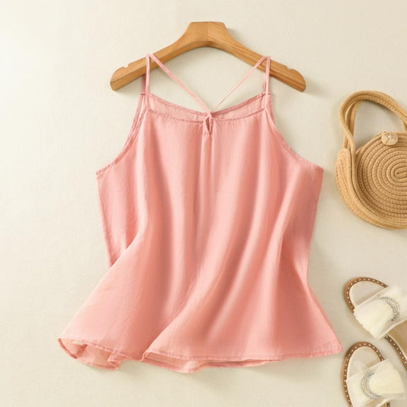 PiGOGI Women's Lace Patchwork Blouse - Round Neck Sleeveless Camisole - Casual Fashion Tank Top Pink L