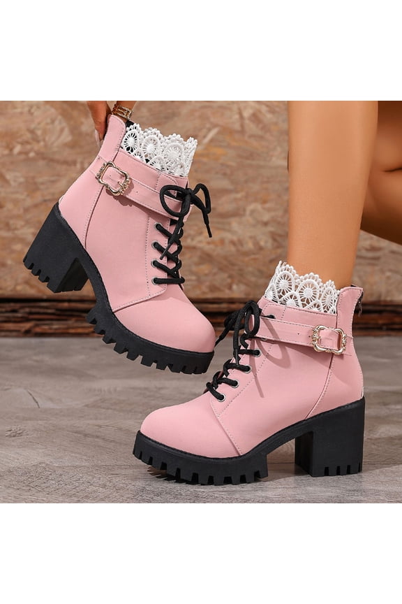Women's Lace Patchwork Round Toe Thick Heel Short Boots for Fall Winter Comfortable Height Enhancing Booties Pink 43
