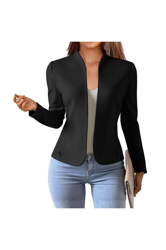 Women's Lace Splicing Crop Blazer Long Sleeve Solid Coat Casual Suit Jacket for Work office Party Night Out Black M