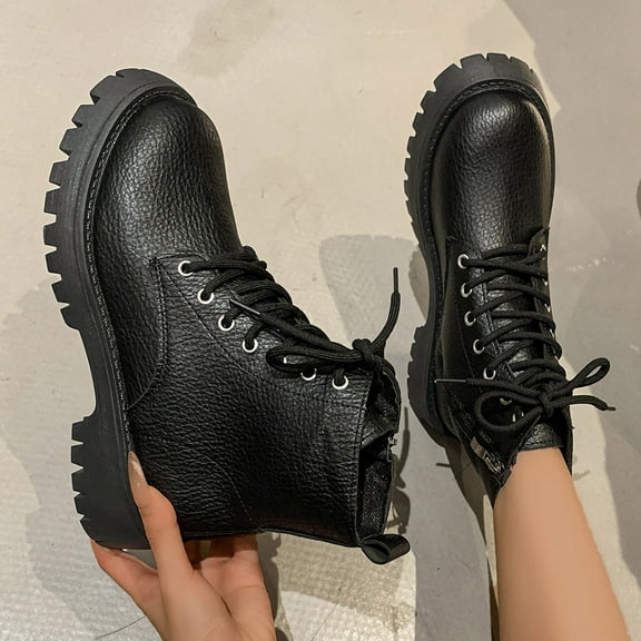 PiGOGI Women's Lace Up Boots Low Heel Fashion Winter Fall Boots for Women Distressed Leather Comfortable Thick Sole Casual Short Boots Black 42