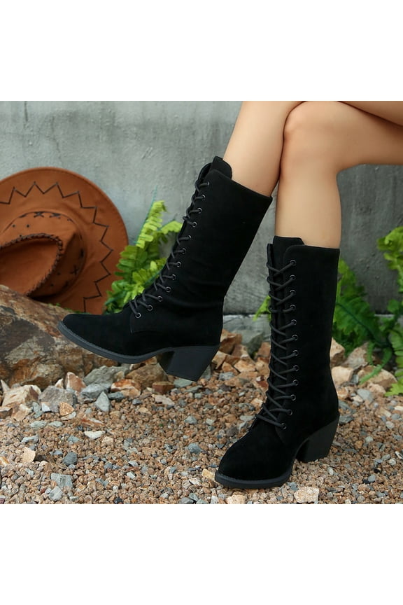 Women's Lace Up Mid Calf Boots for Women Chunky Heel Square Heel Round Toe Faux Suede Boho Fashion Boots Black 42