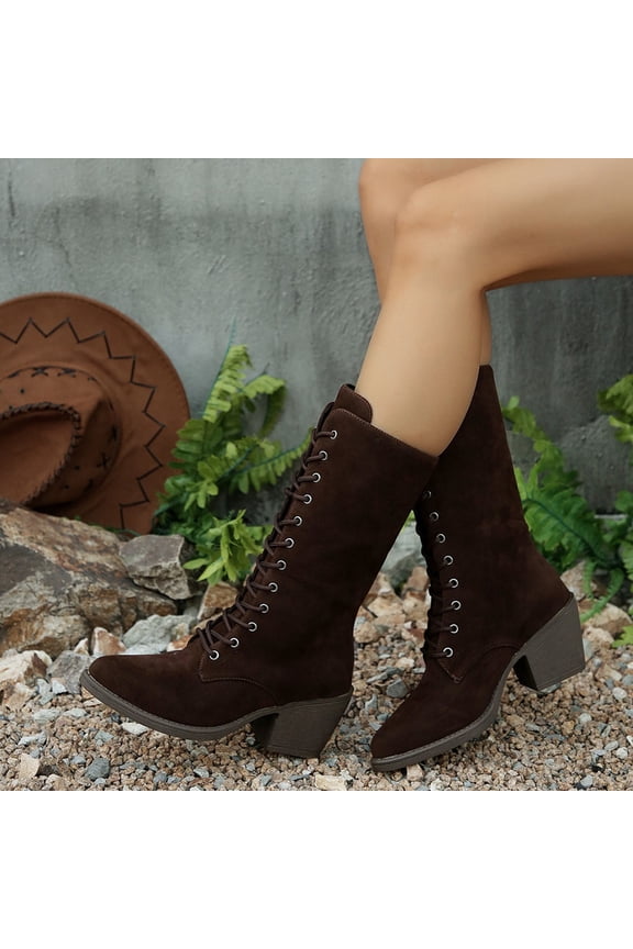 Women's Lace Up Mid Calf Boots for Women Chunky Heel Square Heel Round Toe Faux Suede Boho Fashion Boots Coffee 39