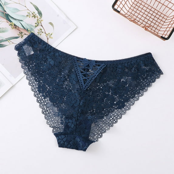 PiGOGI Women's Lace Waist Underwear - Sexy Bow Briefs - S to XL Comfortable Panties Navy