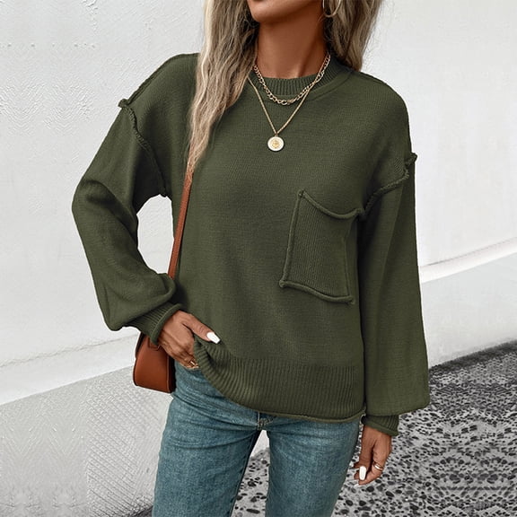 PiGOGI Women's Lantern Sleeve Sweater Round Neck Long Sleeve Knit Top Casual Fashion Blouse Army Green S