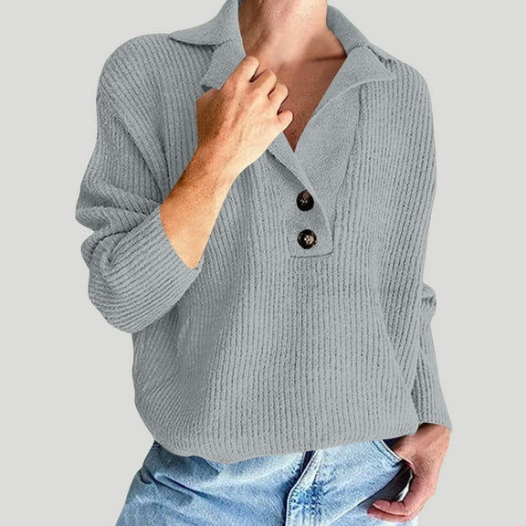 PiGOGI Women's Lapel Knit Sweater VNeck Long Sleeve Loose Top Casual Comfortable Pullover Gray L