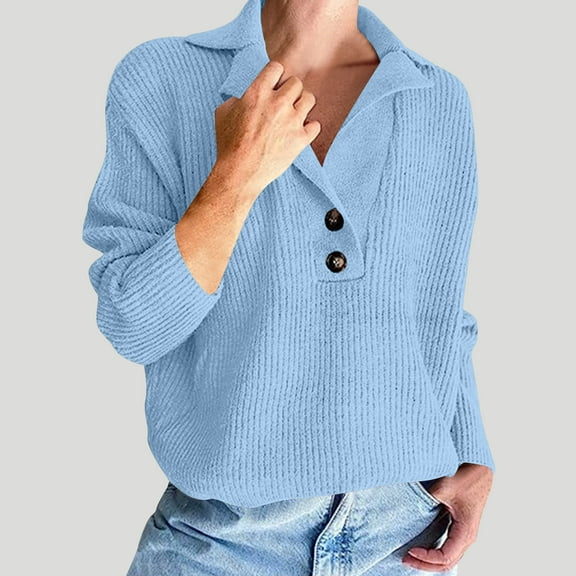 PiGOGI Women's Lapel Knit Sweater VNeck Long Sleeve Loose Top Casual Comfortable Pullover Light Blue M
