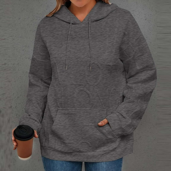 PiGOGI Women's Letter Print Hooded Sweater Long Sleeve Loose Pullover Top Dark Gray M
