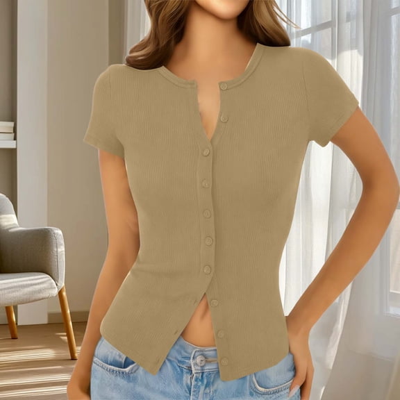 PiGOGI Women's Lightweight Button Up Short Sleeve Cardigan Casual Summer Top Plus Size Loose Blouse Khaki L