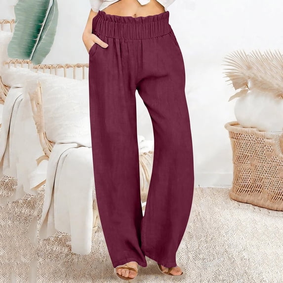 PiGOGI Women's Linen Blend Wide Leg Pants High Waisted Loose Flowy Trousers Elastic Waistband Casual Comfortable for Summer Beach Red XL