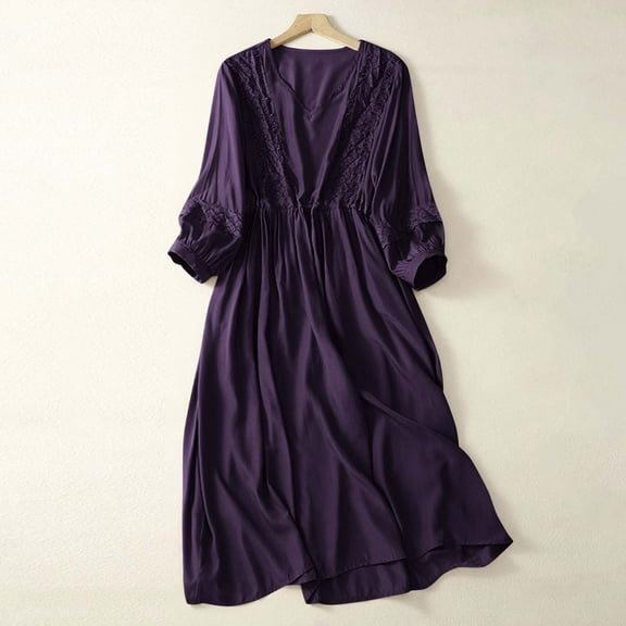 PiGOGI Women's Long Pleated Dress Lace Up Front Loose Fit Casual Maxi Dress Summer Solid Color Purple XXL