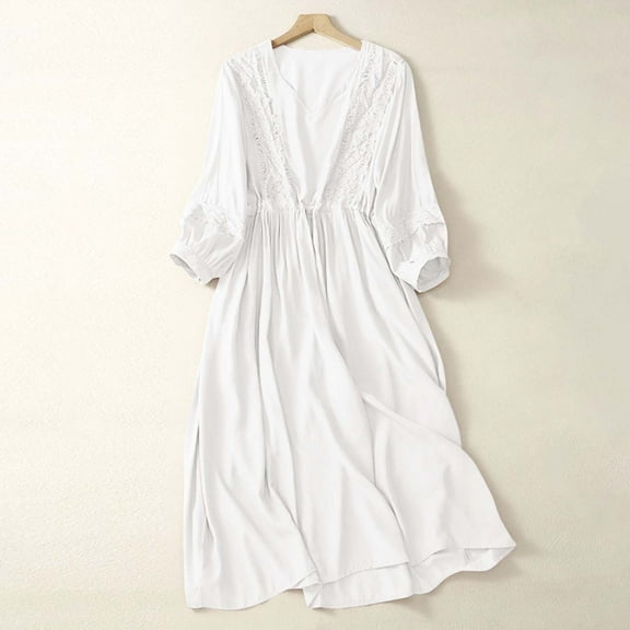 PiGOGI Women's Long Pleated Dress Lace Up Front Loose Fit Casual Maxi Dress Summer Solid Color White M