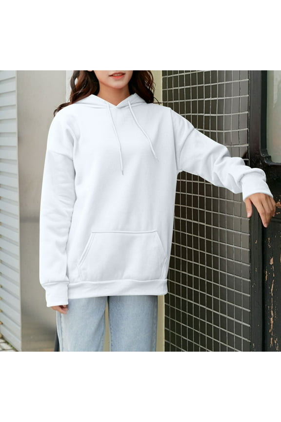 Women's Long Sleeve Hooded Sweatshirt Casual Pullover Top Stretchy Comfortable Streetwear for Spring Winter White M