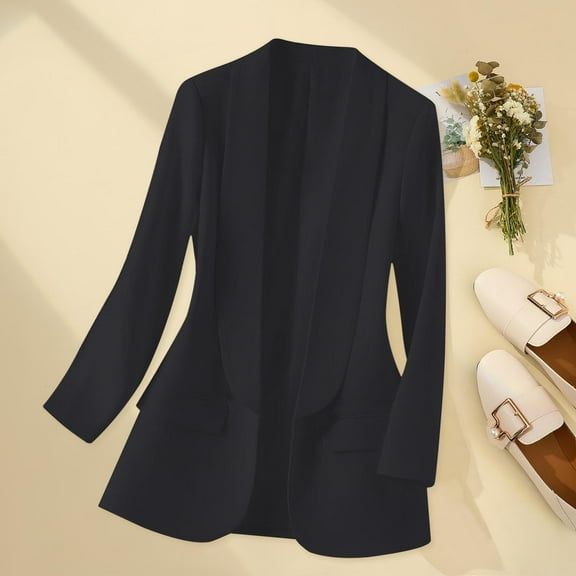 PiGOGI Women's Long Sleeve Lapel Real Pocket Blazer Jacket for Business Casual office Outfit Black L