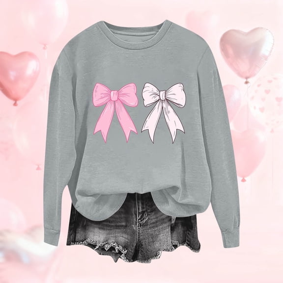 PiGOGI Women's Long Sleeve Printed T-Shirt - Plus Size Casual Valentine's Day Loose Top Gray M