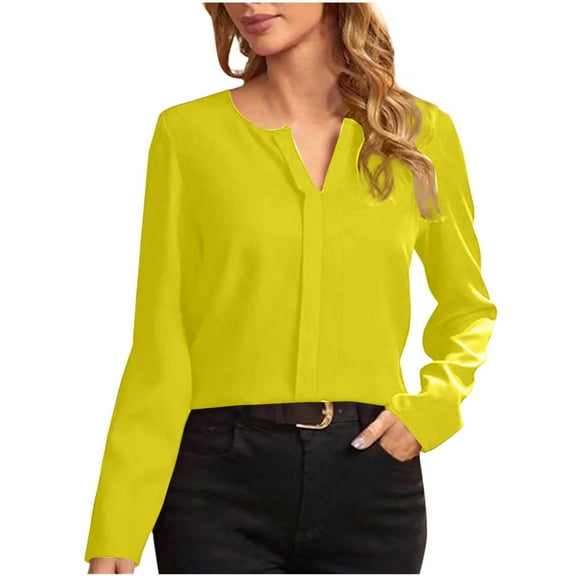 PiGOGI Women's Long Sleeve Shirt Fashion Women's Casual Long Sleeve Solid Ladies V-Neck Tops Blouse Gold