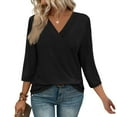 thumbnail image 1 of PiGOGI Women's Long Sleeve Shirt Women's Fashion Solid Color T-shirt 3/4 Sleeves Blouse Round Neck Casual Tops Black, 1 of 5