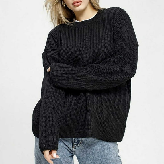 PiGOGI Women's Loose Fit Pullover Sweater Round Neck Long Sleeve Solid Color Knit Top Black M