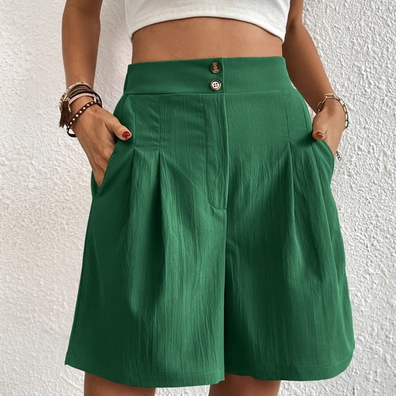 PiGOGI Women's Loose High Waist Wide Leg Shorts with Pocket Solid Color Casual Summer Lightweight Pants Green XL