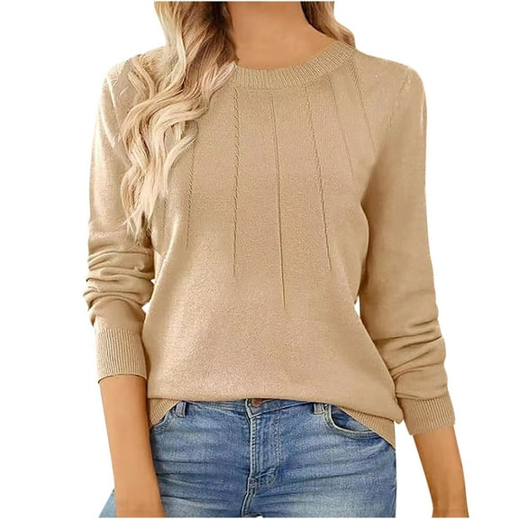 PiGOGI Women's Loose Knit Sweater Round Neck Long Sleeve Pullover Soft Acrylic Casual Fall Winter Comfortable Fashion Beige S