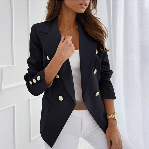 PiGOGI Women's Loose Long Sleeve Lapel Button Casual Suit Jacket Lightweight Blazer for Work office Business Professional Black 2XL
