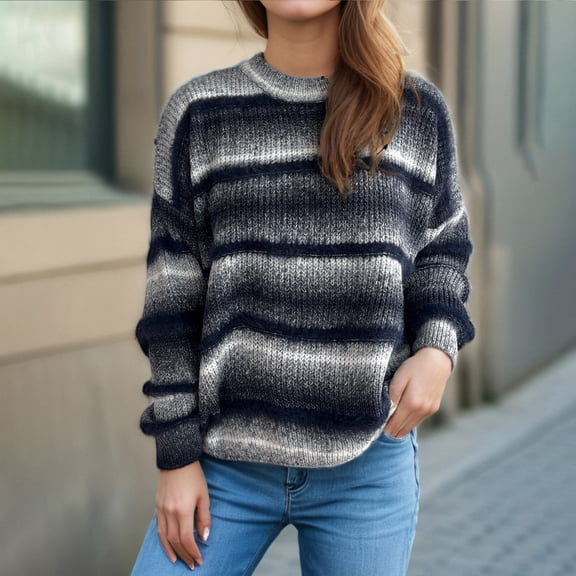 PiGOGI Women's Loose Long Sleeve Round Neck Contrast Color Knit Sweater Top Casual Navy L