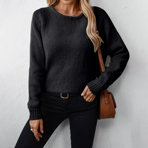 PiGOGI Women's Loose Long Sleeve Round Neck Sweater - Solid Color Casual Pullover Top Warm Winter Fashion Acrylic Blouse Black XL