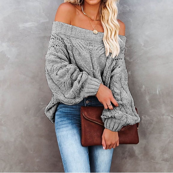 PiGOGI Women's Loose Neck Knitted Pullover Top Long Sleeve Casual Versatile Sweater Gray XL