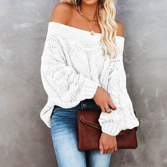 PiGOGI Women's Loose Neck Knitted Pullover Top Long Sleeve Casual Versatile Sweater White XL