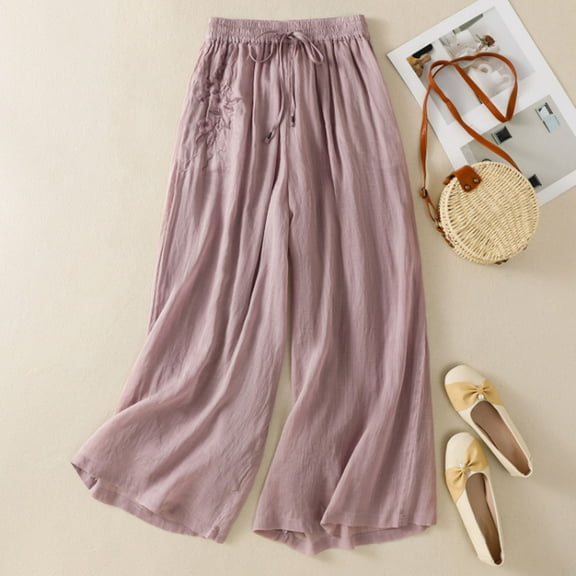 PiGOGI Women's Loose Solid Elastic Waist Bandage Pants Casual Comfortable Lounge Trousers Purple XL