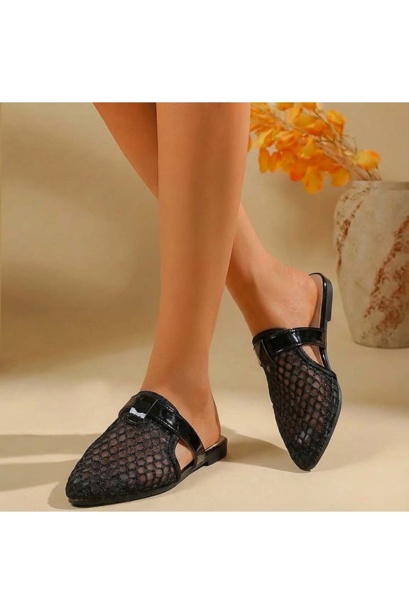 Women's Mesh Mule Slippers Open Weave Flat Sandals for Summer Brunch and Beach Trips Black 5.5