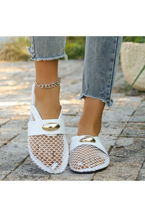 Women's Mesh Mules Closed Toe Flat Non-Slip Breathable Slide Sandals Summer White 9