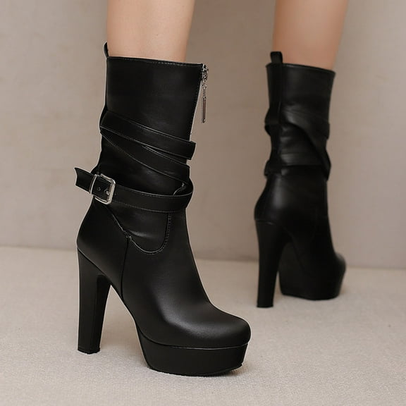 PiGOGI Women's Mid Calf Boots Front Zipper High Heel Winter Boots for Women Round Toe Waterproof Casual Comfortable Black 43