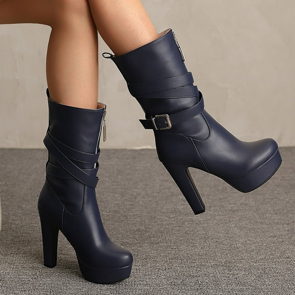 PiGOGI Women's Mid Calf Boots Front Zipper High Heel Winter Boots for Women Round Toe Waterproof Casual Comfortable Blue 35