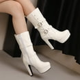 thumbnail image 1 of PiGOGI Women's Mid Calf Boots Inside Zipper High Heel Winter Boots for Women Round Toe Waterproof Fashion Casual Comfortable White 37, 1 of 4