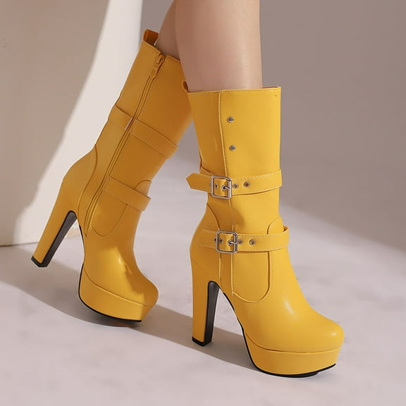 PiGOGI Women's Mid Calf Boots Inside Zipper High Heel Winter Boots for Women Round Toe Waterproof Fashion Casual Comfortable Yellow 43